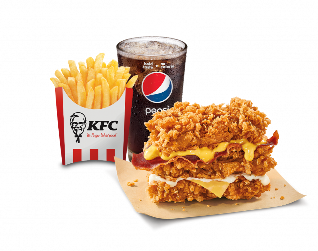 kfc新品「cheesy zinger triple down」92三层炸鸡汉堡,限卖10天